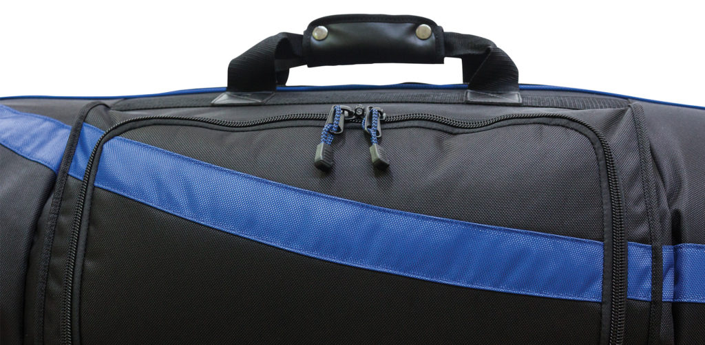 A close up of the zippers on a bag